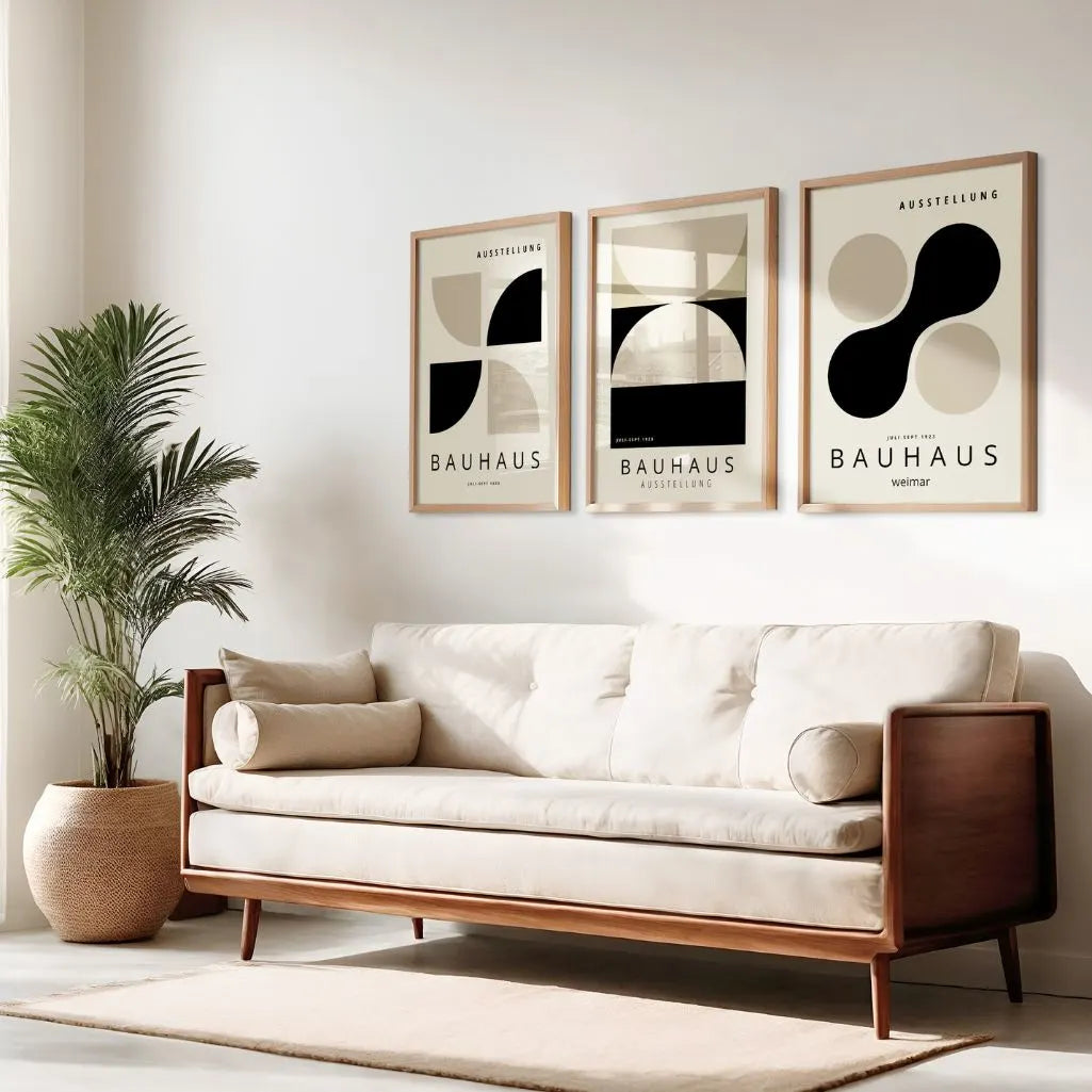 black and beige bauhaus poster set arranged as modern gallery wall