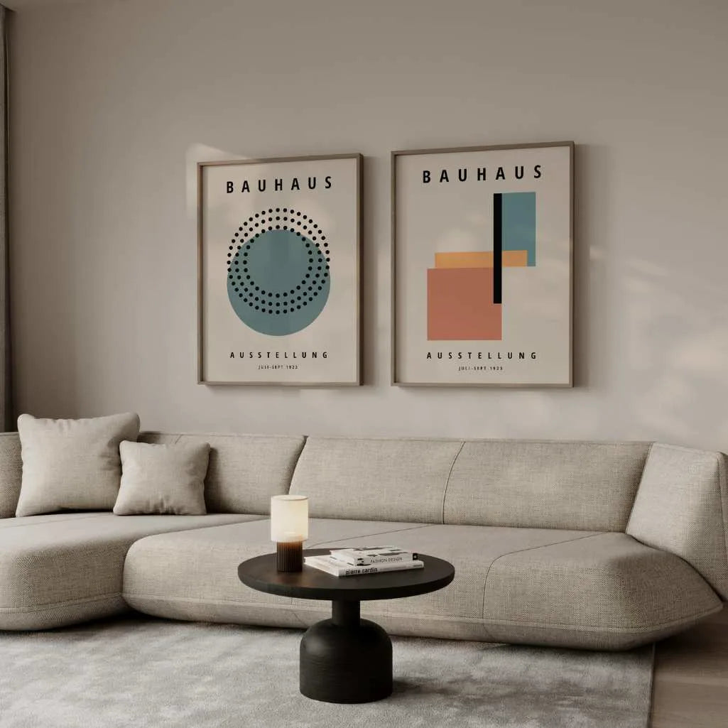 Bauhaus posters set of 2 displayed as minimalist geometric wall art for modern living room decor