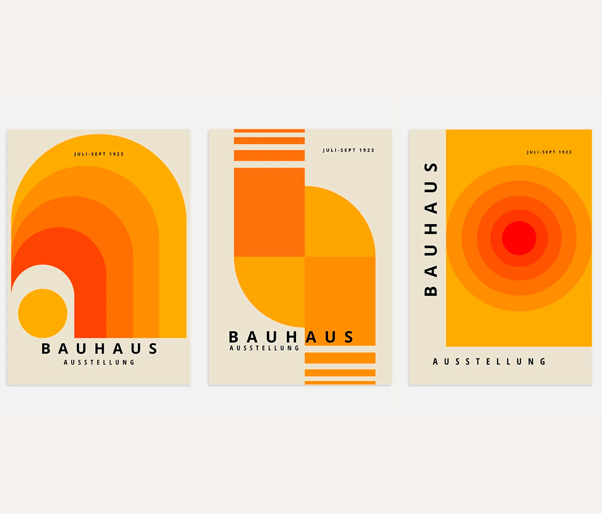 bauhaus poster set of 3 with orange geometric arcs circles and bold color blocks