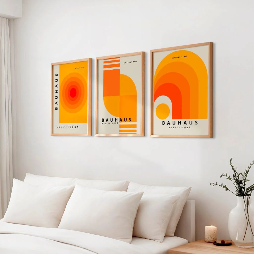 orange bauhaus wall art set in modern creative living room