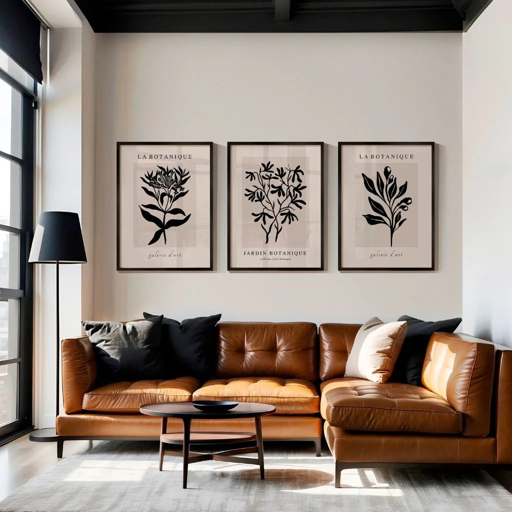 black botanical silhouette poster set calm bedroom wall art beige tones