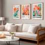 bright botanical poster set of 3 orange pink green gallery wall decor