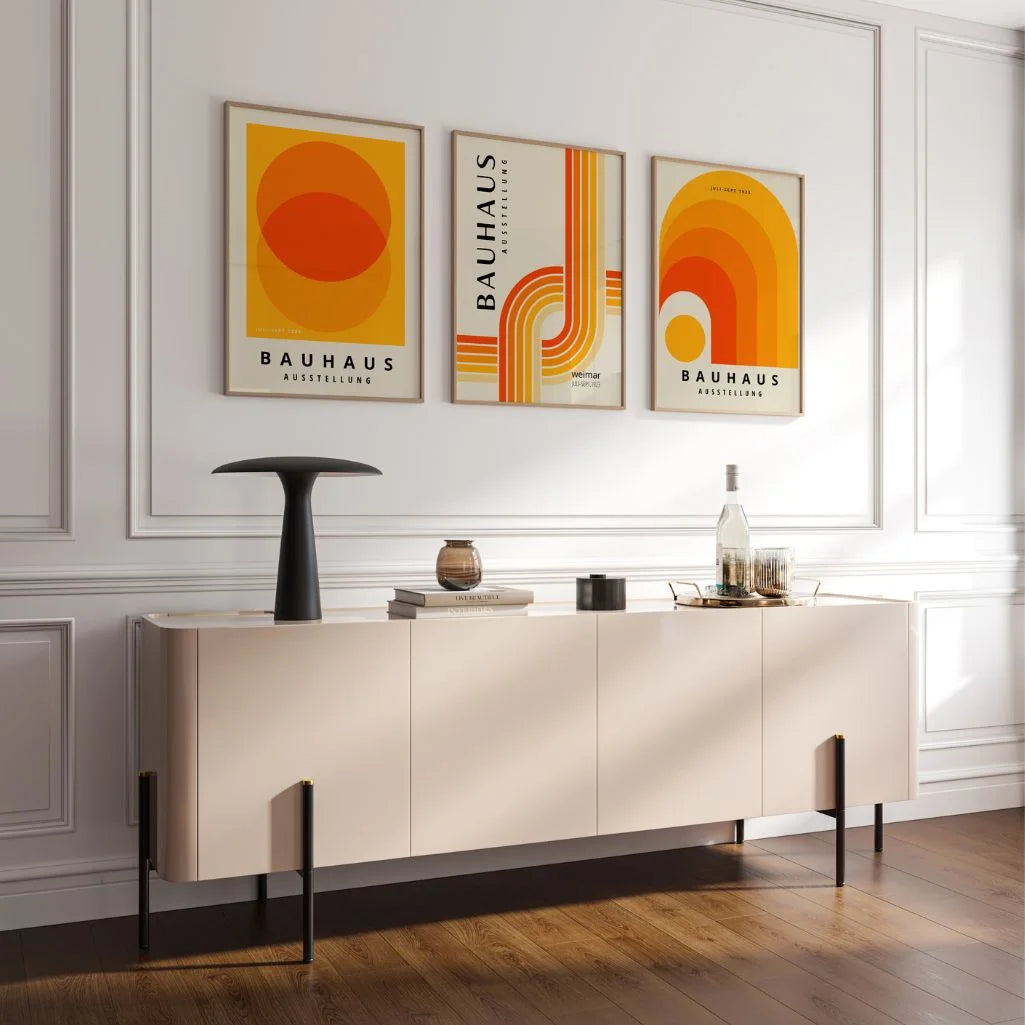 bauhaus poster set of 3 styled in creative studio with retro modern decor