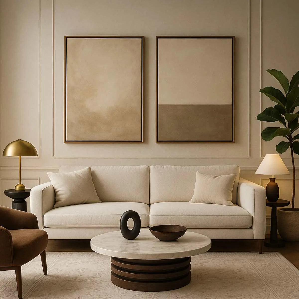 framed canvas wall art in neutral tones above sofa in modern living room interior with minimalist decor