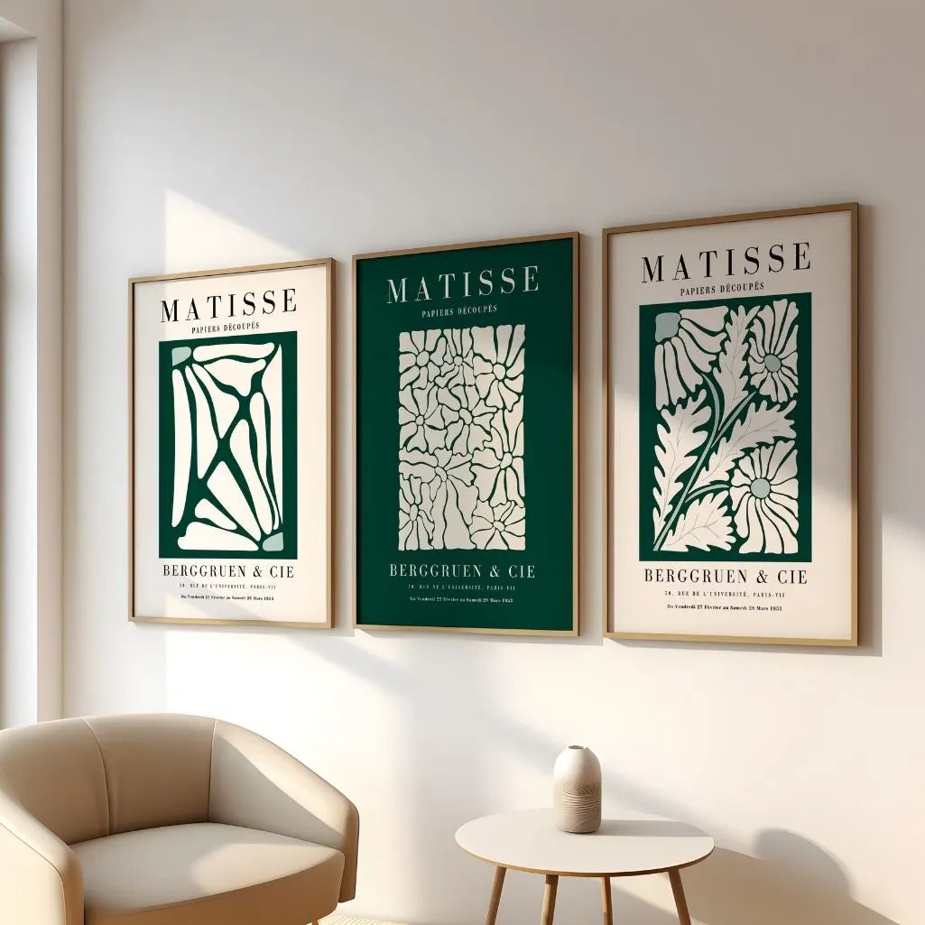 Henri Matisse botanical flowers poster set in green and beige tones for modern home decor