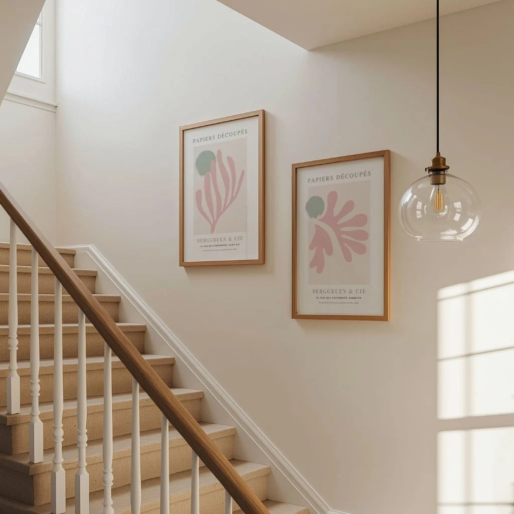 Matisse inspired pink abstract poster set displayed in gallery wall arrangement
